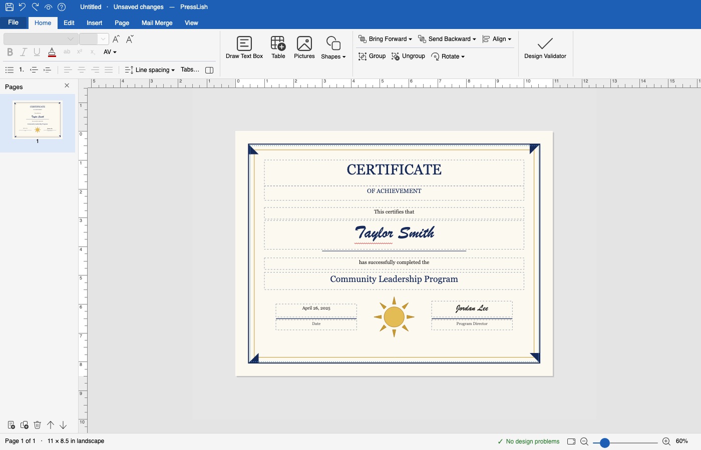 A certificate in PressLish, ready for a mail merge of names