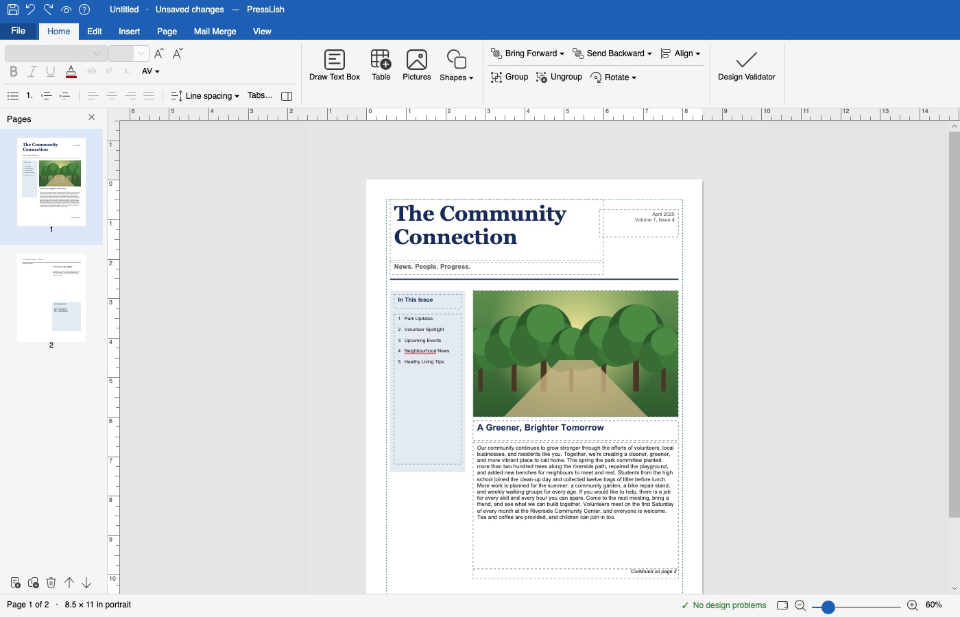 A two-page newsletter open in PressLish, ready to edit